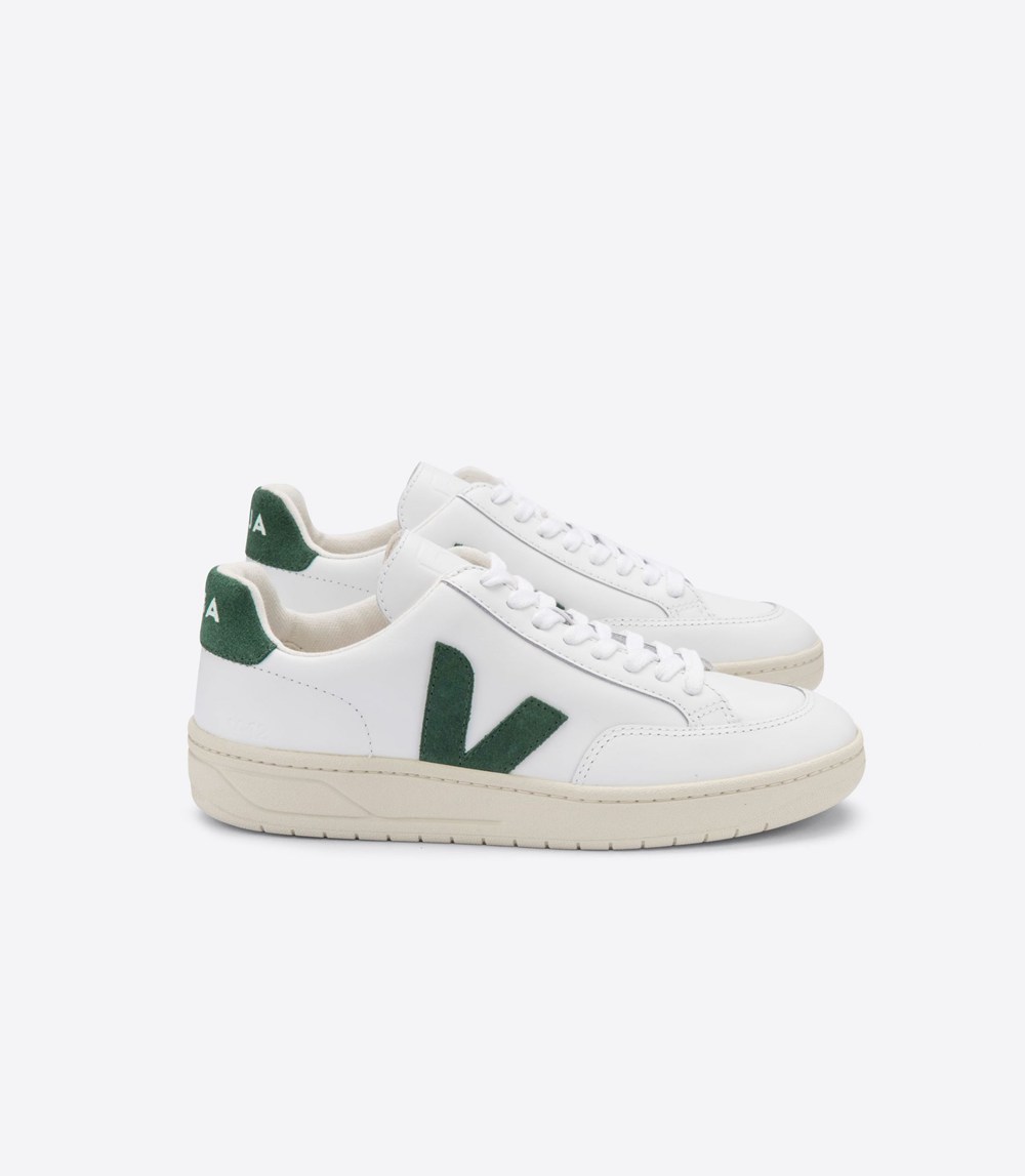 Veja Trainers Mens White/Green - V-12 Leather - WIAH-23590